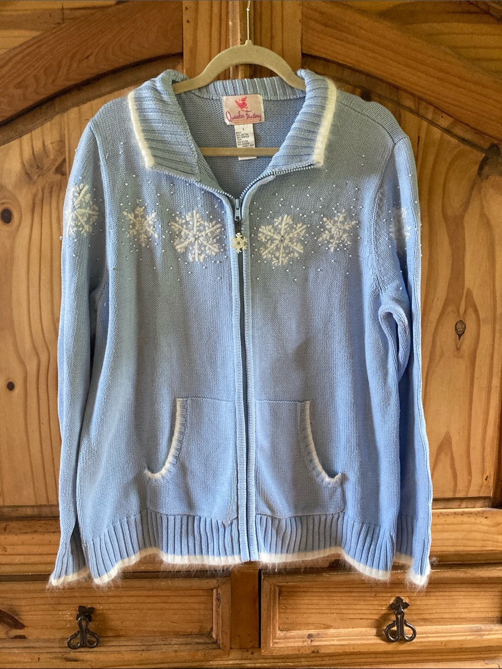 Women Quacker Factory blue white snowflake long sleeve sweater size L